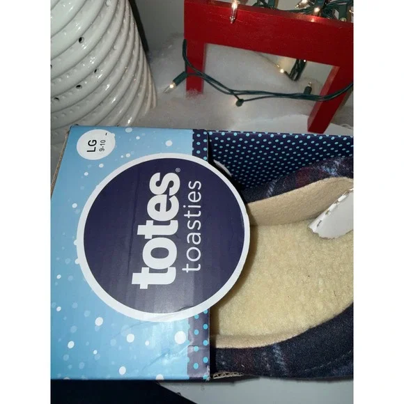 Totes Toasties Mens Memory Foam Slippers Size LG 9-10 Navy Blue Faux Fur Lined - Picture 3 of 5
